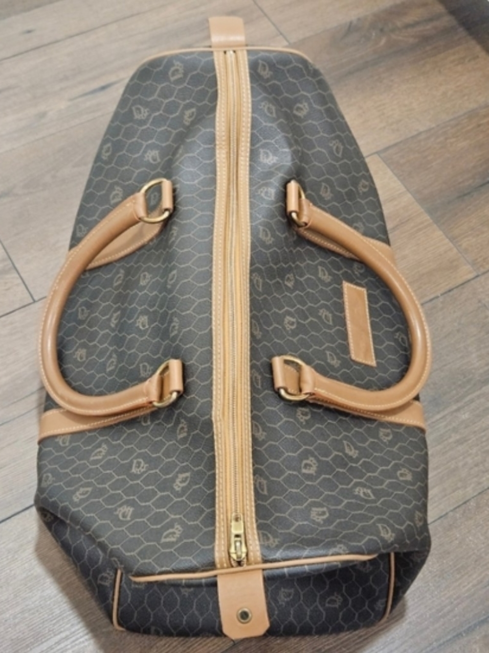 CHRISTIAN DIOR Vintage Honeycomb Boston Duffel Bag Navy Tan Leather Italy - Picture 5 of 14